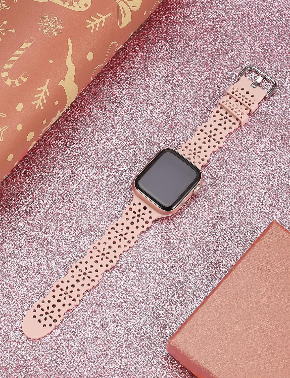 Compatible with Apple Watch Band Lace Women Flower Cut-Outs Stretchy Silicone Strap for Iwatch Ultra 1/2 (49Mm), Series 9/8/7(41Mm 45Mm), Series Se/6/5/4(40Mm 44Mm), Series 3/2/1(38Mm 42Mm)