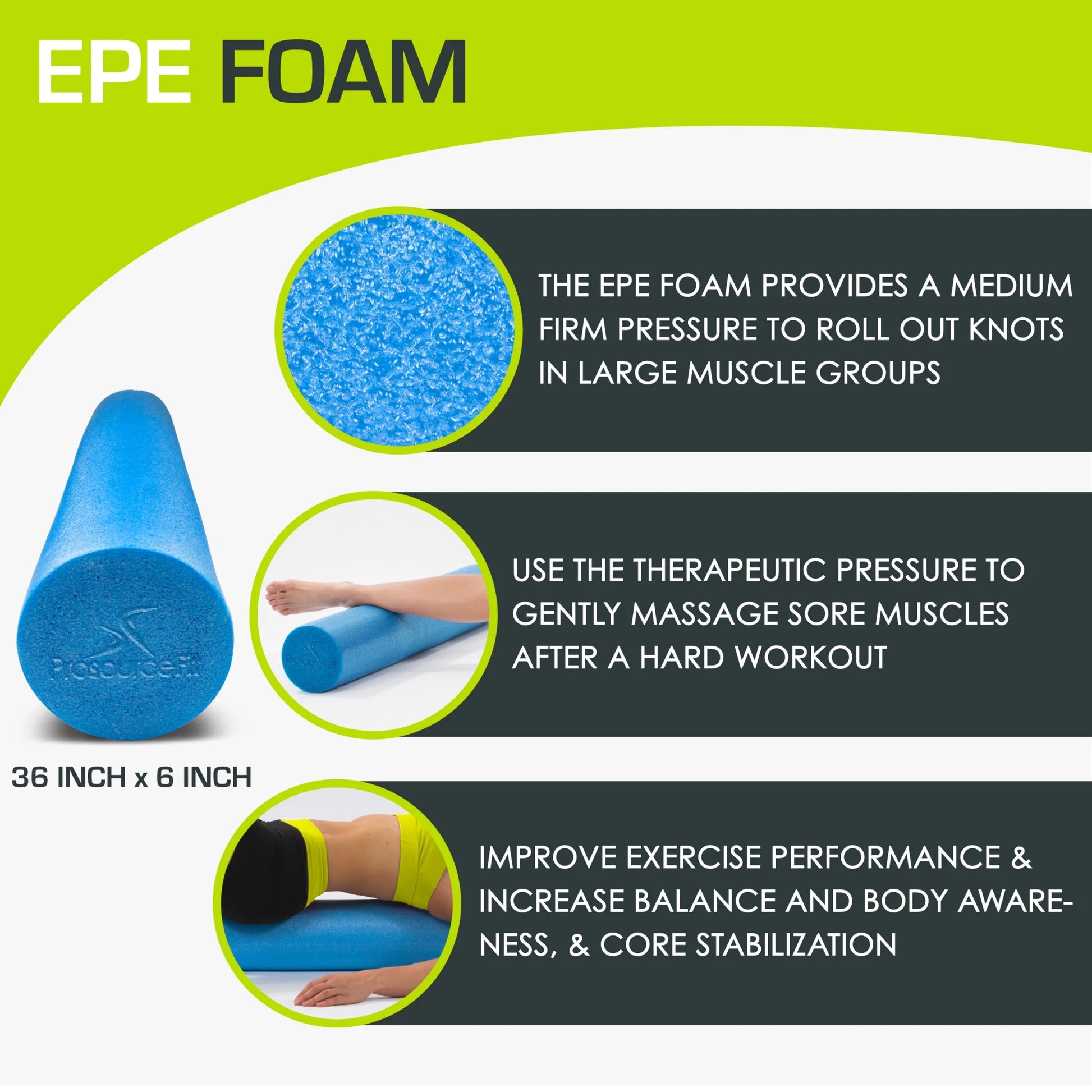 Flex Foam Rollers, Full and Half, 36"L or 12"L for Muscle Therapy (MFR), Core Stabilization and Balance Exercises