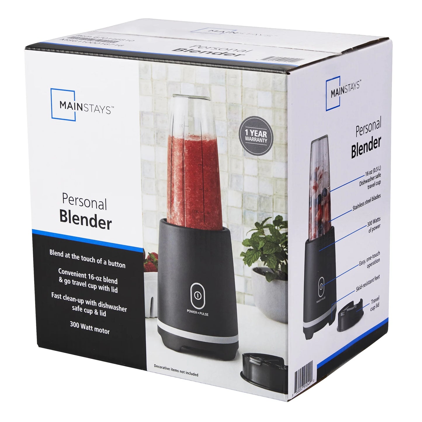 Mainstays Black Single-Serve Blender with 1 Travel Lid, 16 Oz, New