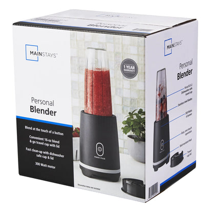 Mainstays Black Single-Serve Blender with 1 Travel Lid, 16 Oz, New