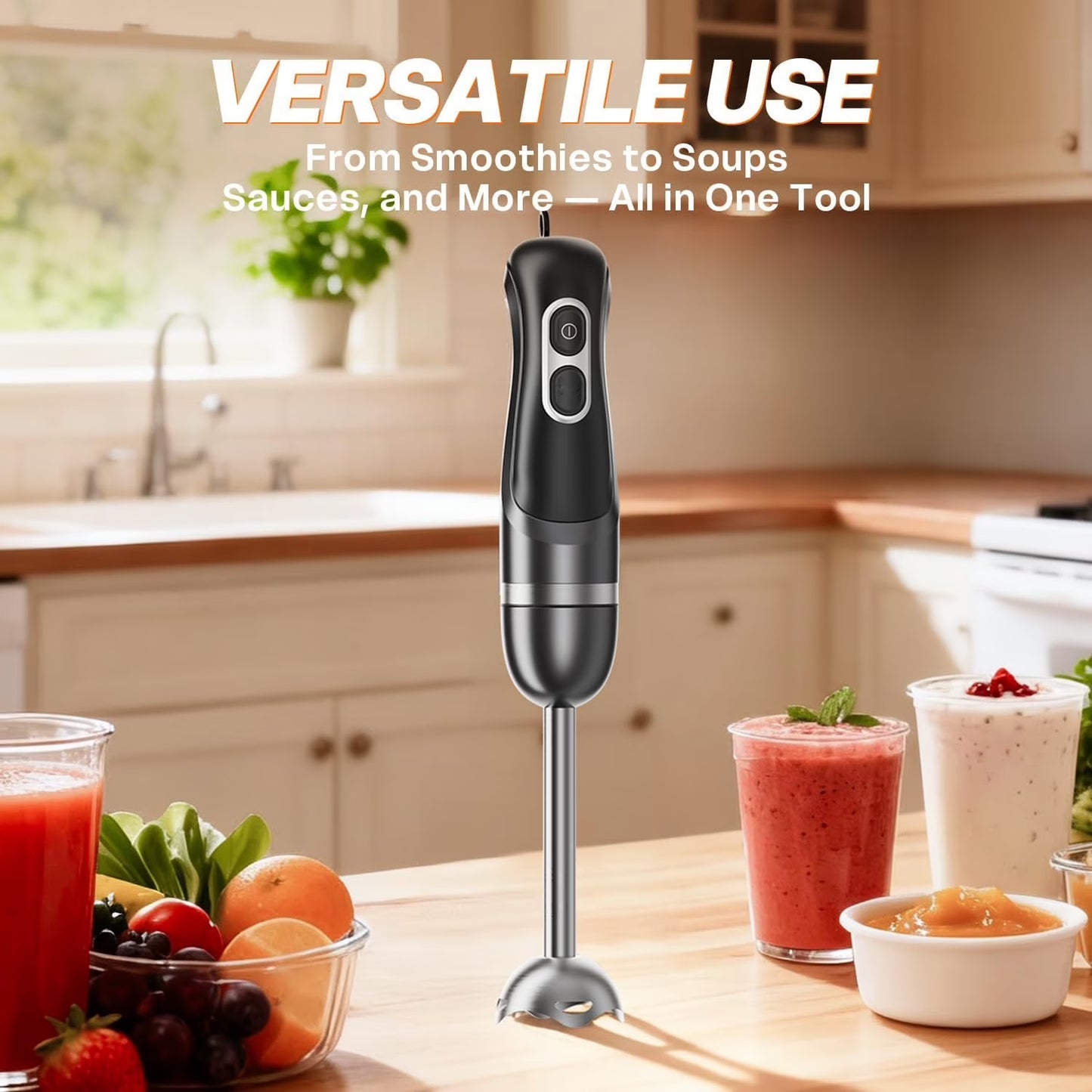 Boyun Daj Hand Blender, Immersion Blender with 2 Mixing Speed, Electric Handheld Mixer Portable Stick Mixer with Stainless Steel Blades for Soup, Smoothie, Puree, Baby Food-Black
