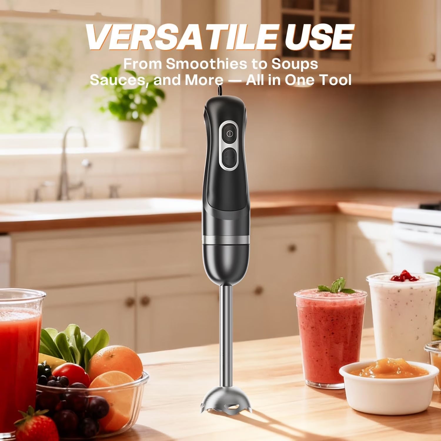 Boyun Daj Hand Blender, Immersion Blender with 2 Mixing Speed, Electric Handheld Mixer Portable Stick Mixer with Stainless Steel Blades for Soup, Smoothie, Puree, Baby Food-Black