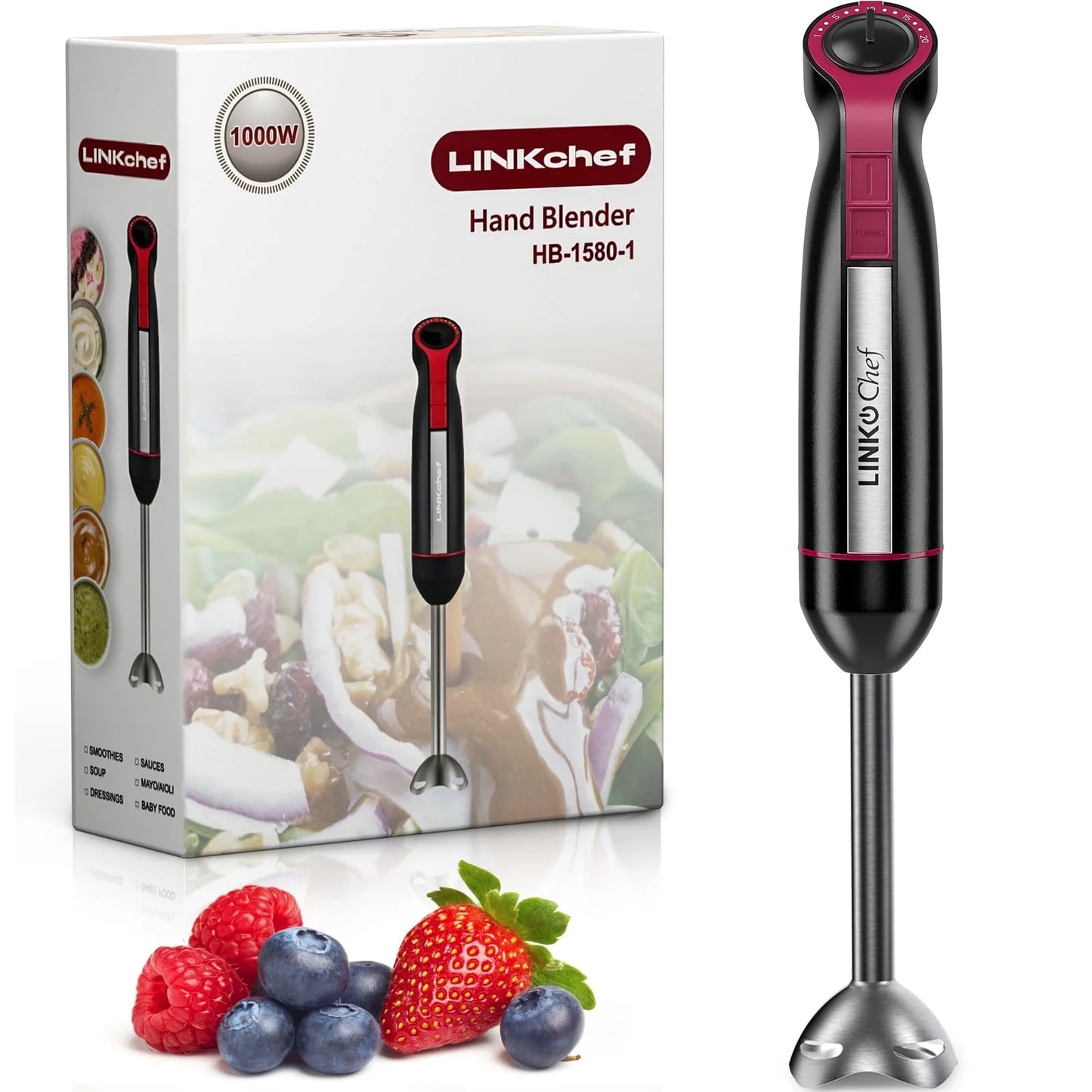 Linkchef Immersion Blender, 20-Speed 1000W 3-In-1 Immersion Hand Blender, Stick Blender with Turbo Mode