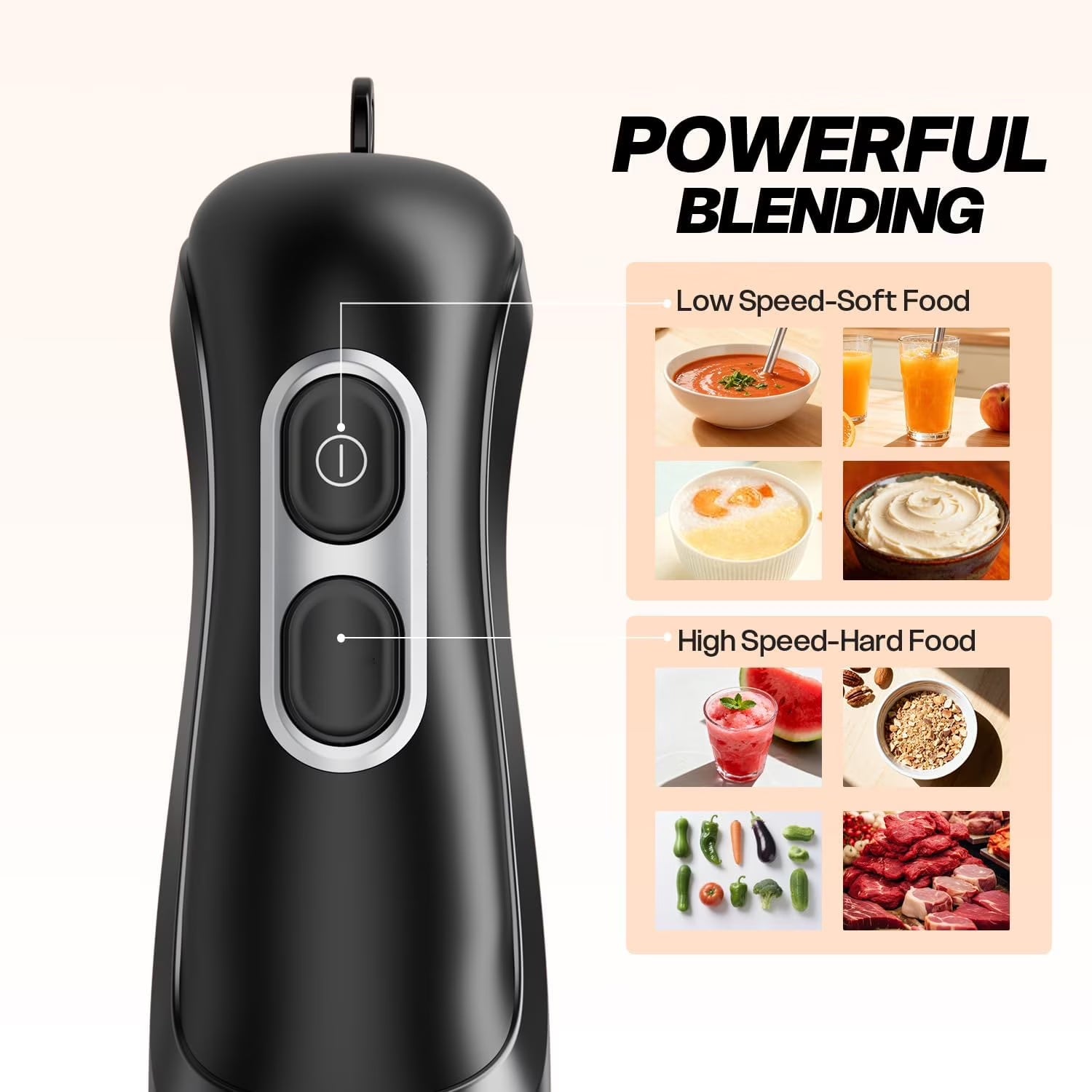Boyun Daj Hand Blender, Immersion Blender with 2 Mixing Speed, Electric Handheld Mixer Portable Stick Mixer with Stainless Steel Blades for Soup, Smoothie, Puree, Baby Food-Black