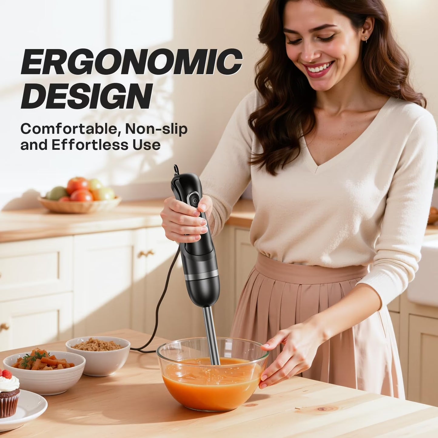 Boyun Daj Hand Blender, Immersion Blender with 2 Mixing Speed, Electric Handheld Mixer Portable Stick Mixer with Stainless Steel Blades for Soup, Smoothie, Puree, Baby Food-Black