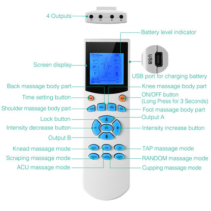 1Pc Tens Unit Machine Impulse Massager 10 Modes Pain Relief Body Massager Machine Muscle Stimulator with 4 Outputs and 8 Electrode Pads for Relief Relaxing Fitness