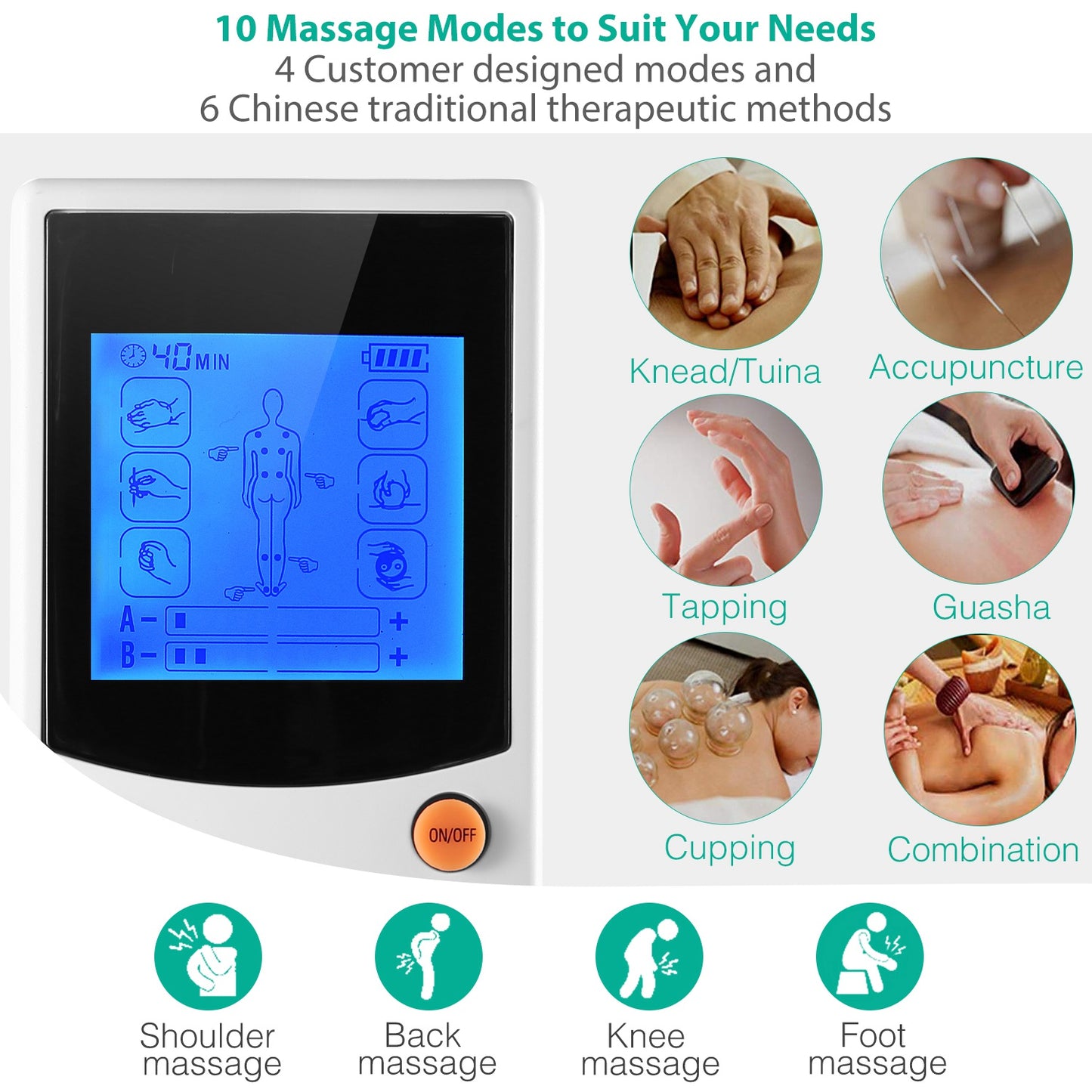 1Pc Tens Unit Machine Impulse Massager 10 Modes Pain Relief Body Massager Machine Muscle Stimulator with 4 Outputs and 8 Electrode Pads for Relief Relaxing Fitness