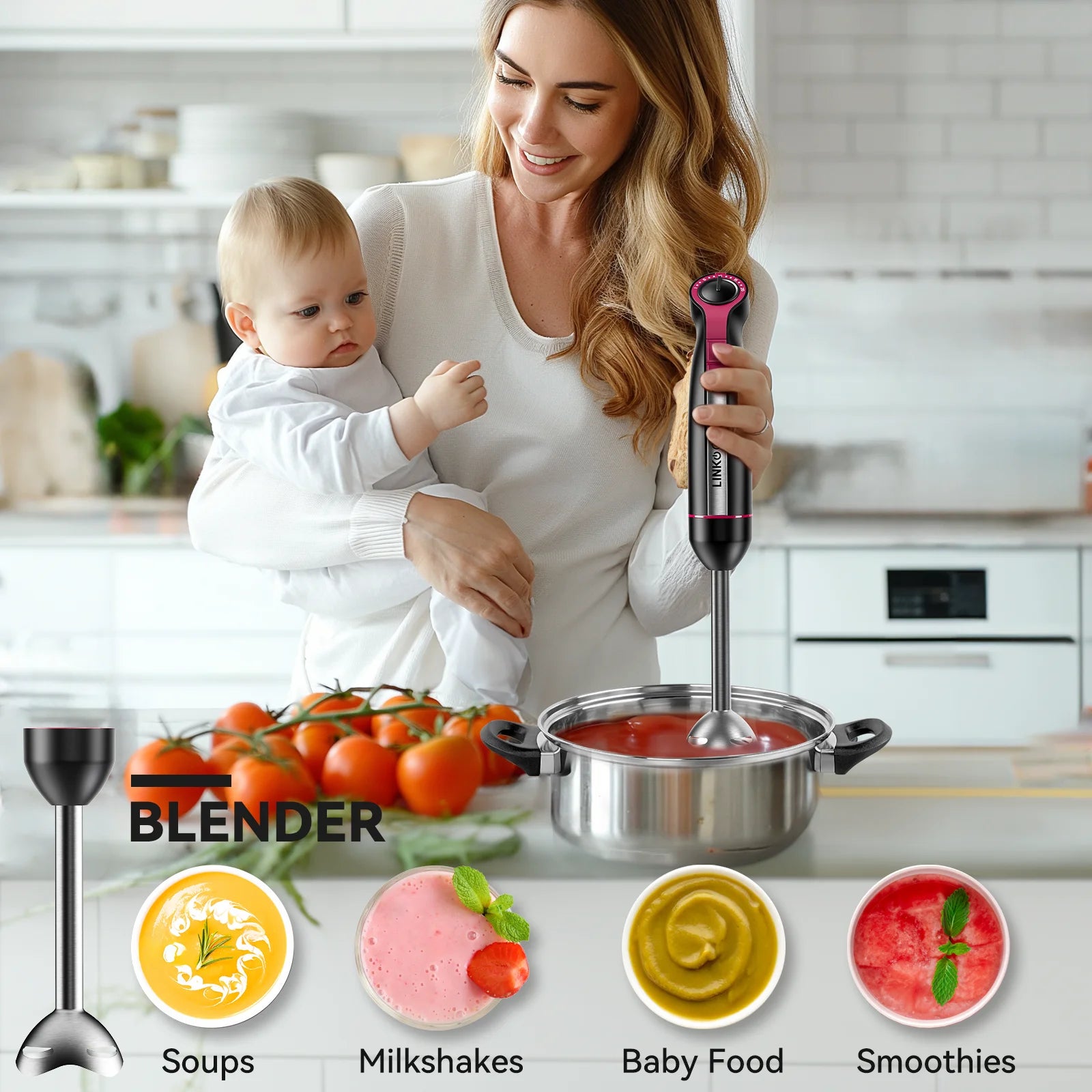 Linkchef Immersion Blender, 20-Speed 1000W 3-In-1 Immersion Hand Blender, Stick Blender with Turbo Mode